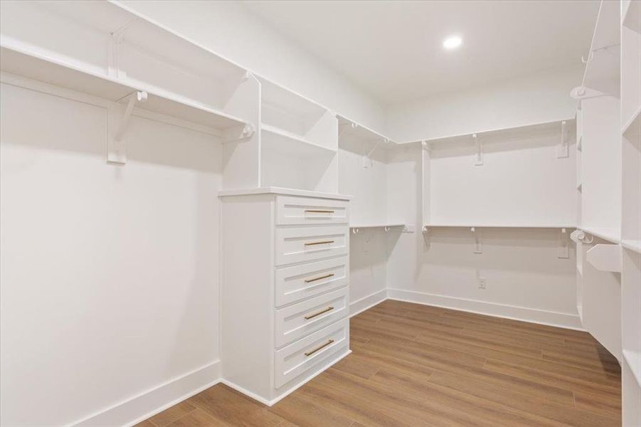 Spacious closet featuring light wood-style flooring