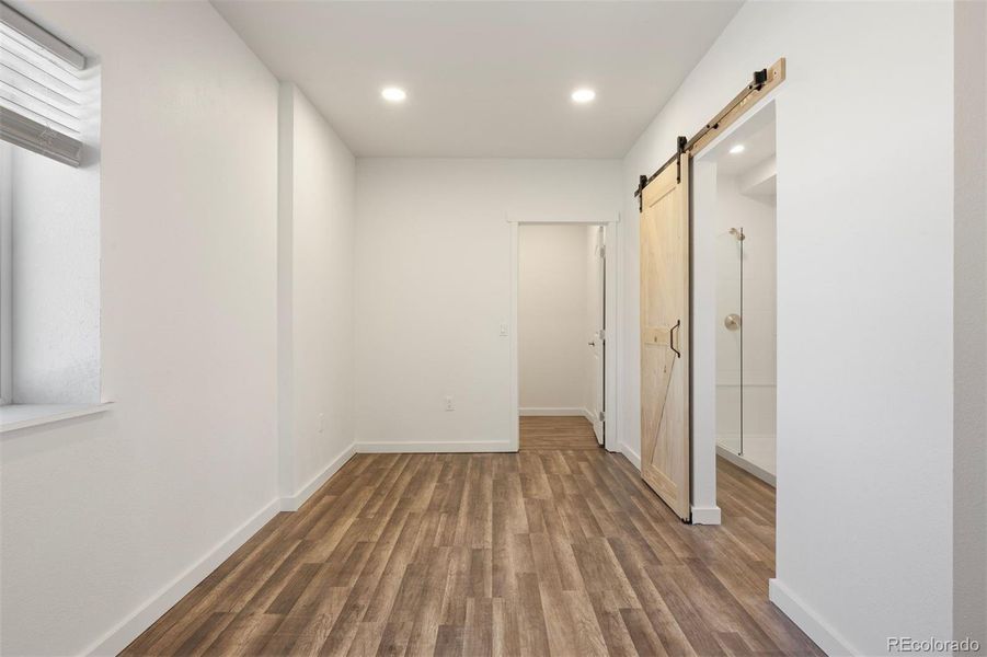 Basement bedroom/flex retreat with a windowed view, walk-in closet, and barn door to ensuite.