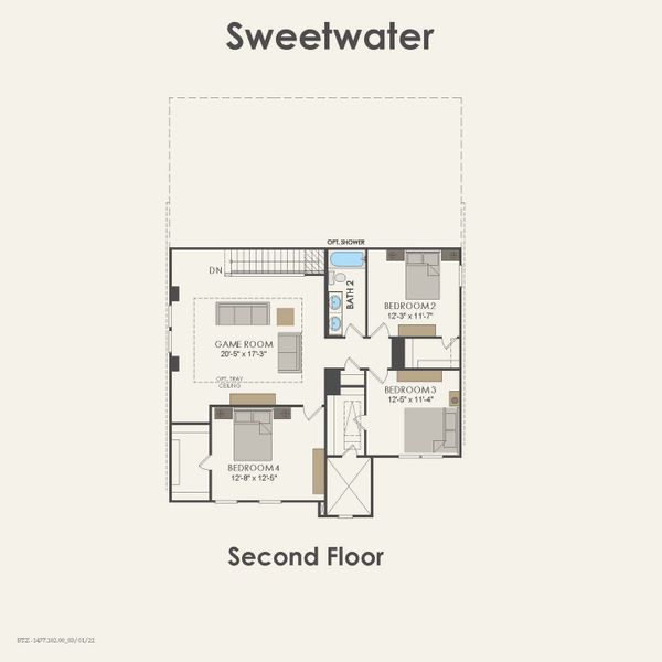 2D floor plan layout for the Sweetwater by Pulte Homes in Parks of Village Creek, Burleson, TX (Image 5).