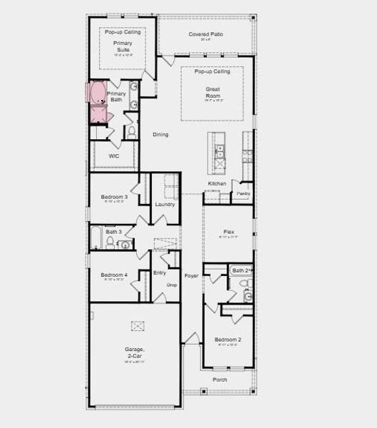 Additional Highlights Include: Slide-in tub at primary bath, shower at bath 2, extended LVP flooring at flex, gas line at patio and 36" mahogany contemporary front door.