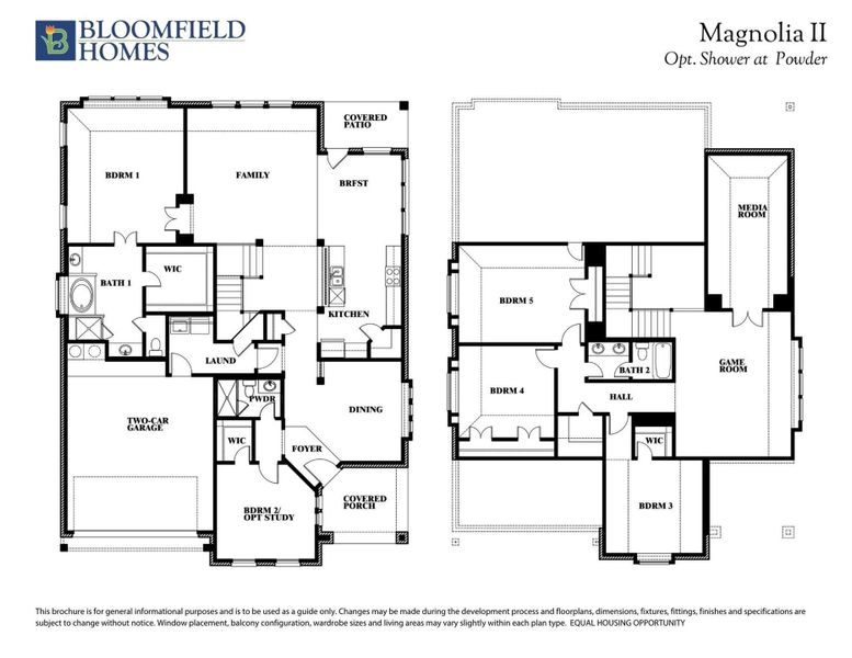 Bloomfield Homes Magnolia II two-story floor plan with 5 bedrooms, game room, media room, and two-car garage. Bloomfield Homes Magnolia II two-story floor plan with 5 bedrooms, game room, media room, and two-car garage.