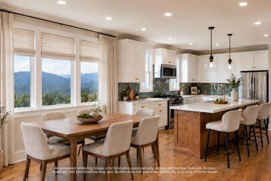 Imagine mornings here: coffee on the counter, light flooding through oversized windows, and enough space that the kitchen and dining room feel like one big reason to stay home. AI-generated rendering; finishes may vary.