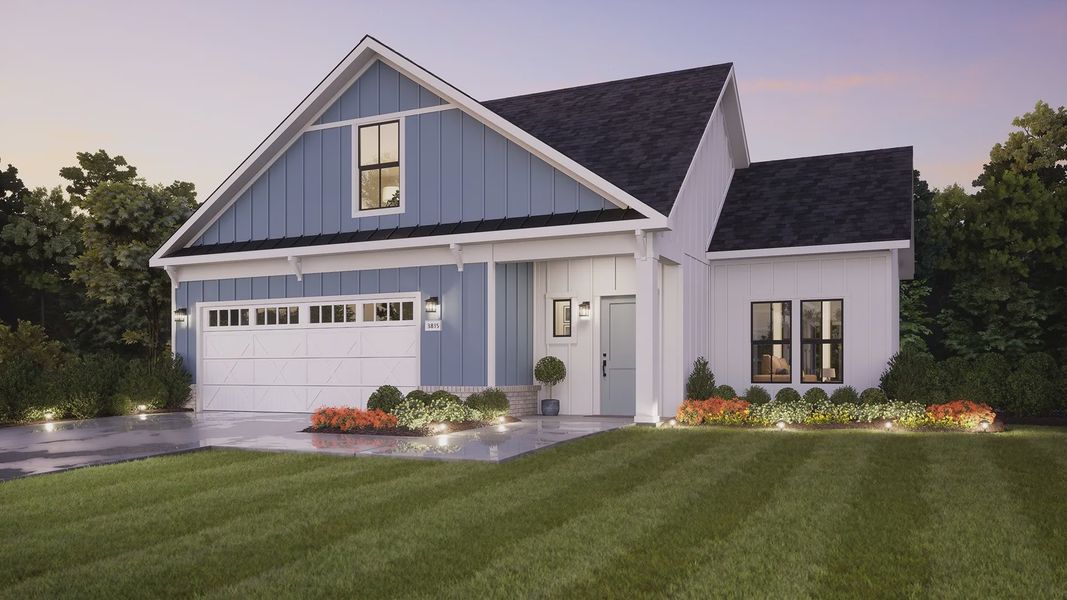 Representative exterior photo of a completed home built from the Palazzo by Epcon Communities in Lakeside at Millican Reserve, College Station, TX (Image 28). Representative exterior photo of a completed home built from the Palazzo by Epcon Communities in Lakeside at Millican Reserve, College Station, TX (Image 28).