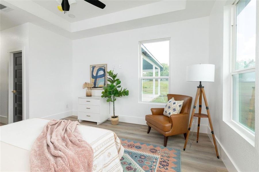 Sitting room with plenty of natural light, light wood-type flooring, and a tray ceiling