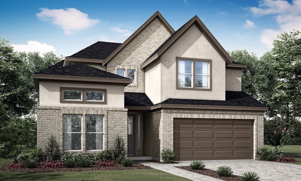 Front exterior of a new home in Anthem 50', Kyle, TX, highlighting curb appeal (Image 1). Front exterior of a new home in Anthem 50', Kyle, TX, highlighting curb appeal (Image 1).