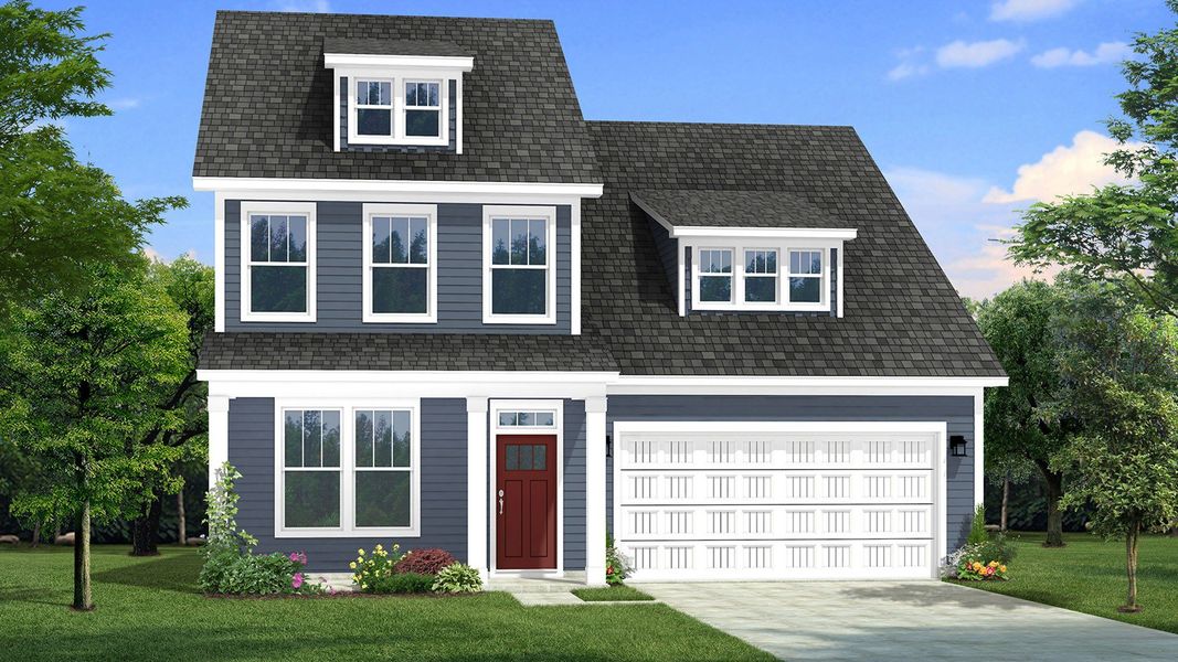 Two-story single family home with blue siding, lots of windows, a covered front porch and 2 car garage. Two-story single family home with blue siding, lots of windows, a covered front porch and 2 car garage.