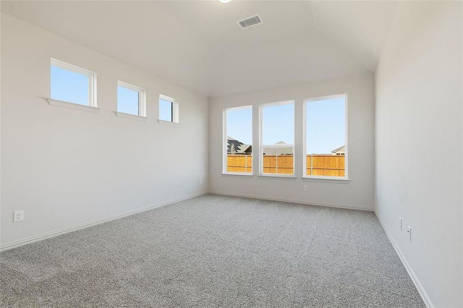 Unfurnished room with carpet, healthy amount of natural light, and vaulted ceiling Unfurnished room with carpet, healthy amount of natural light, and vaulted ceiling