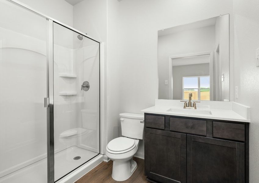 The master bathroom has a large vanity space and a glass, walk-in shower. The master bathroom has a large vanity space and a glass, walk-in shower.