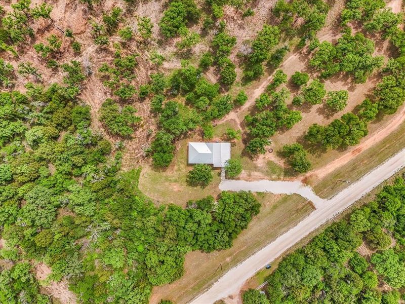 Expansive wooded lot featuring a single-story structure with a light-colored roof, a gravel driveway, and surrounding natural vegetation