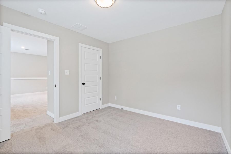 Neutral tone wall paint, plush carpeting, white trim, five-panel interior door with black hardware, and an overhead flush-mount light fixture Neutral tone wall paint, plush carpeting, white trim, five-panel interior door with black hardware, and an overhead flush-mount light fixture