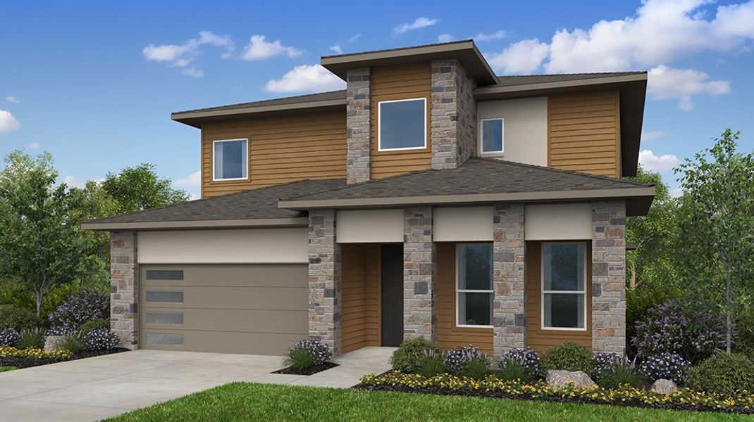 Representative exterior photo of a completed home built from the Piedmont by Taylor Morrison in Silverleaf 50s, Cedar Creek, TX (Image 3). Representative exterior photo of a completed home built from the Piedmont by Taylor Morrison in Silverleaf 50s, Cedar Creek, TX (Image 3).