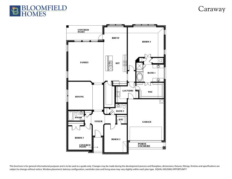 Bloomfield Homes Caraway floor plan with three bedrooms, two bathrooms, family room, kitchen, and two-car garage with porte cochere. Bloomfield Homes Caraway floor plan with three bedrooms, two bathrooms, family room, kitchen, and two-car garage with porte cochere.