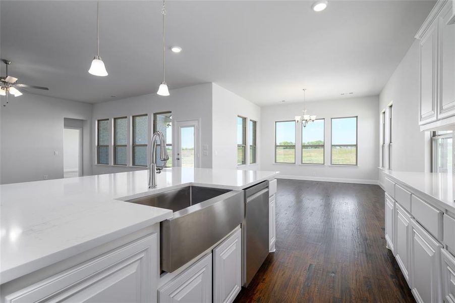 Kitchen with stainless steel dishwasher, white cabinets, sink, dark hardwood / wood-style flooring, and hanging light fixtures