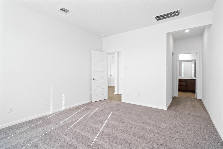 Additional view from primary bedroom looking down hallway to walk-in closet and primary bathroom.