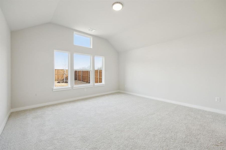 Primary bedroom featuring vaulted ceiling