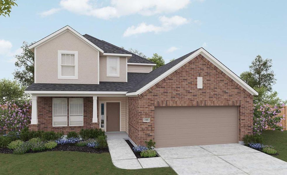Front exterior of a new home in Sunterra, Katy, TX, highlighting curb appeal (Image 1).