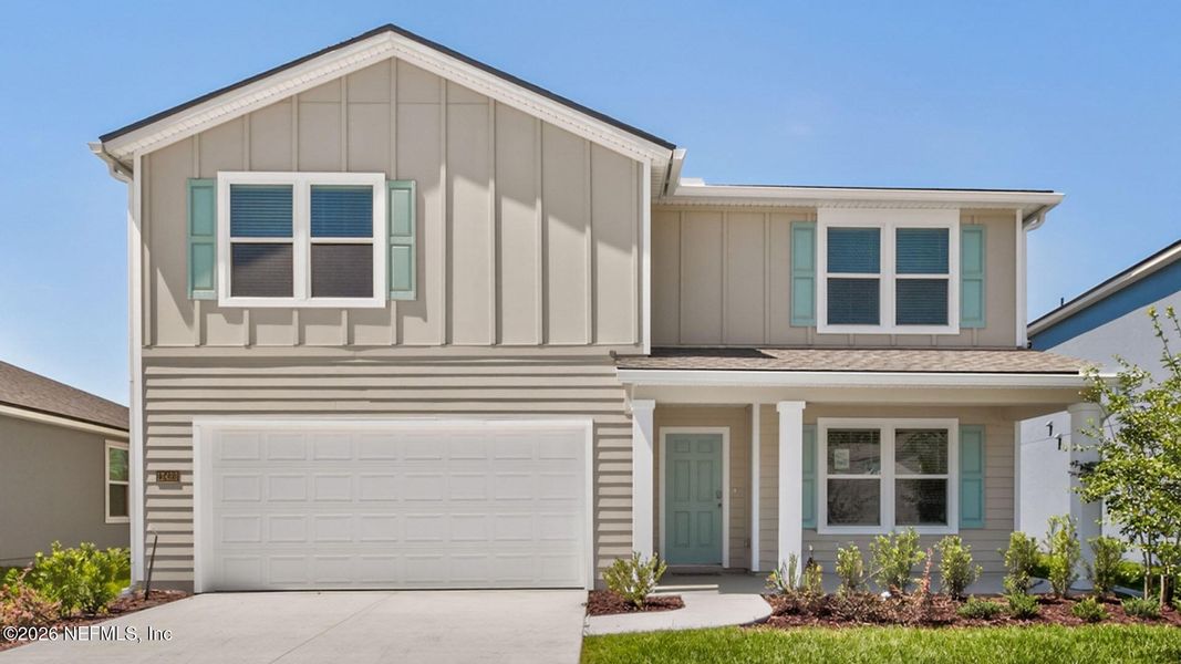 Front exterior of a new home in Copes Landing, Jacksonville, FL, highlighting curb appeal (Image 1). Front exterior of a new home in Copes Landing, Jacksonville, FL, highlighting curb appeal (Image 1).