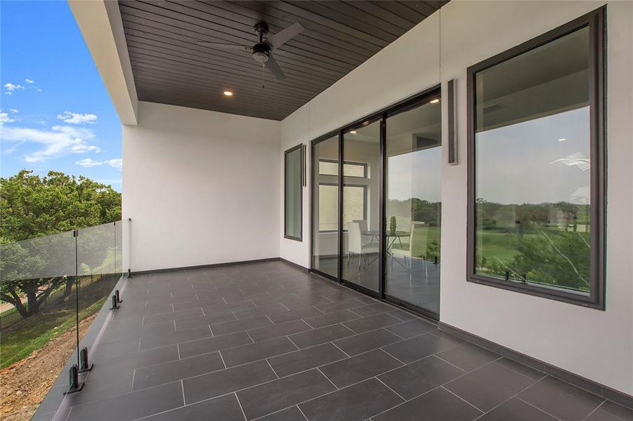 View of patio with ceiling fan