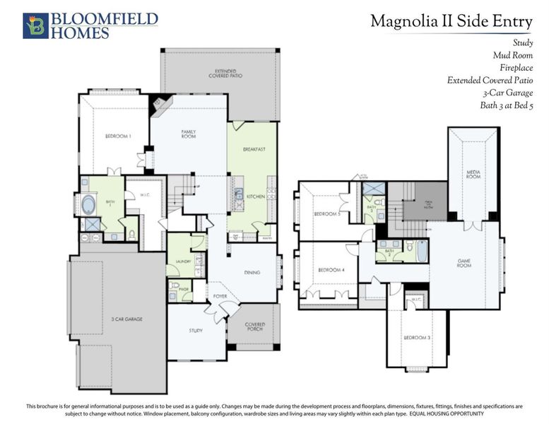 Bloomfield Homes Magnolia II Side Entry floor plan with 3-car garage, study, and extended covered patio across two levels. Bloomfield Homes Magnolia II Side Entry floor plan with 3-car garage, study, and extended covered patio across two levels.