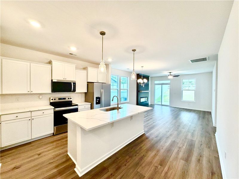 Rich wood-look flooring stretches through this ope