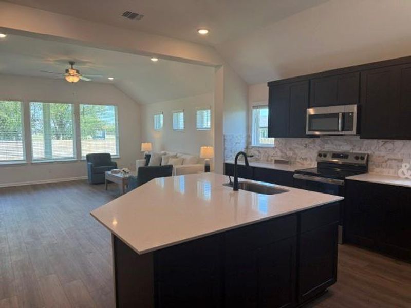 Kitchen island with an undermount sink and a matte black gooseneck faucet
