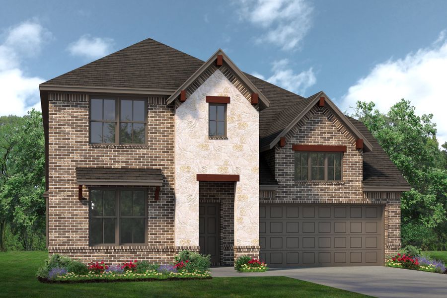 Front exterior of a new home in Meadow Park at The Meadows, Ponder, TX, highlighting curb appeal (Image 1). Front exterior of a new home in Meadow Park at The Meadows, Ponder, TX, highlighting curb appeal (Image 1).