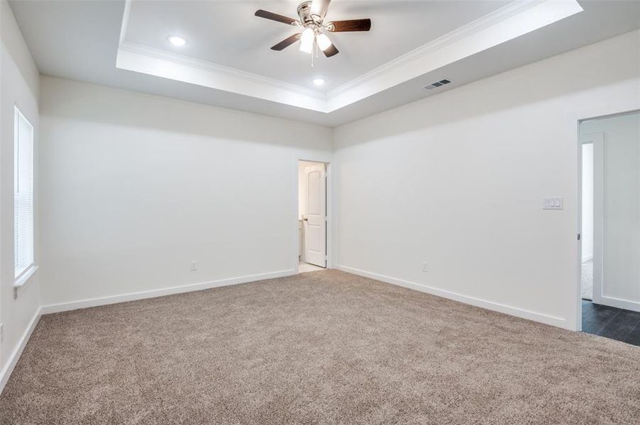 Spare room with crown molding, a tray ceiling, dark carpet, and ceiling fan