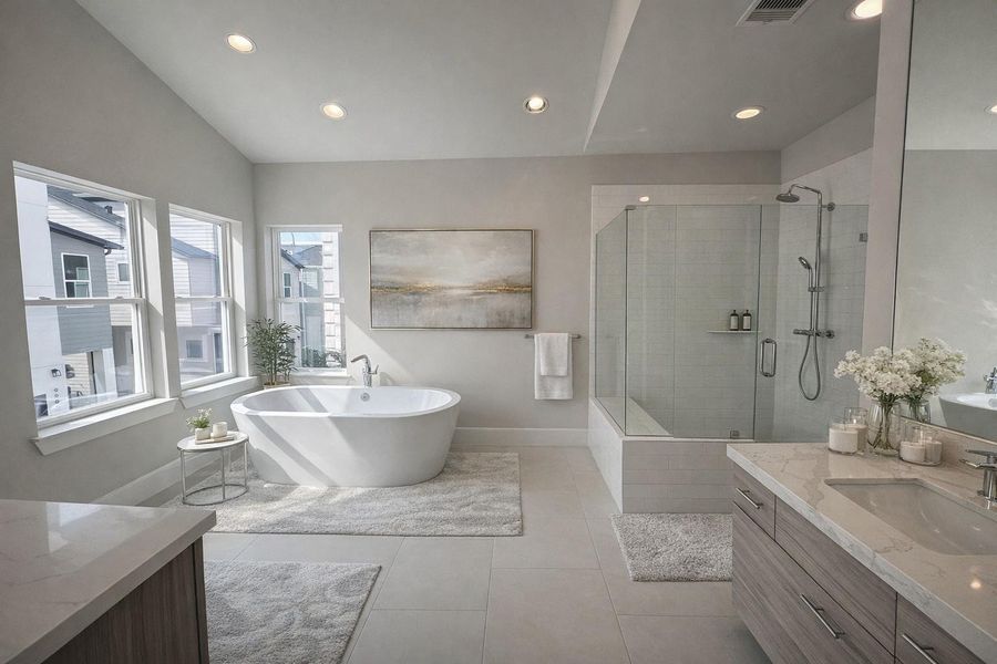 Spa- Like Bathroom w/ Seated Shower, Free Standing Tub, Split Vanities and Hans Grohe Plumbing Fixtures (picture was virtually staged)