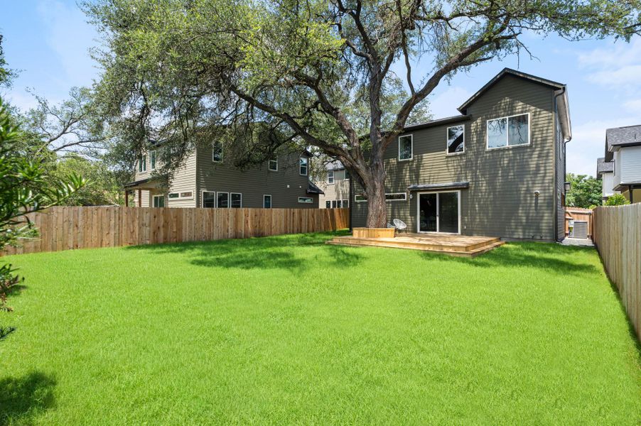 A verdant lawn with a sprawling shade tree and a welcoming deck, perfect for outdoor living. A verdant lawn with a sprawling shade tree and a welcoming deck, perfect for outdoor living.