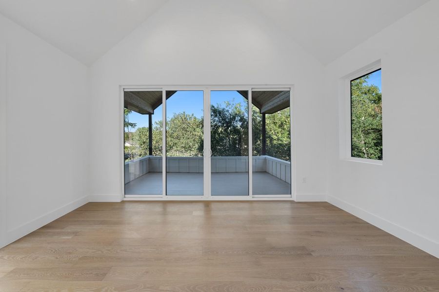 Spare room featuring light wood finished floors, plenty of natural light, and high vaulted ceiling