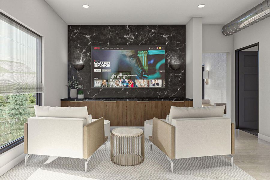 Cinema with recessed lighting and wood finished floors