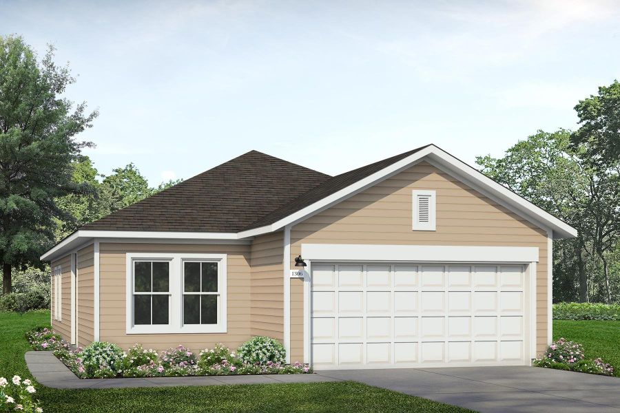 Single story home featuring concrete driveway, a garage, and roof with shingles