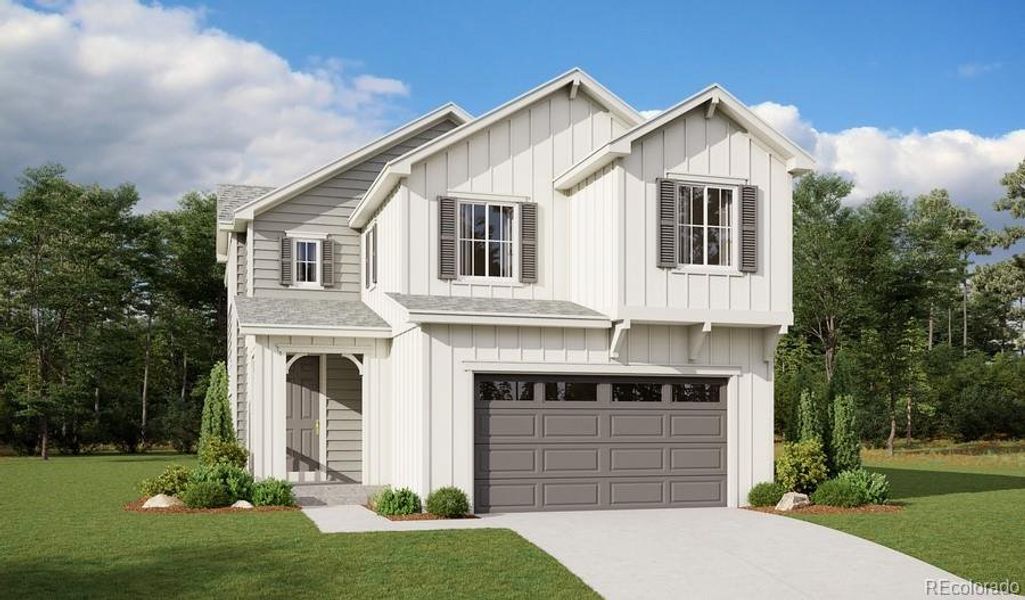 Front exterior of a new home in Crossway at Second Creek, Commerce City, CO, highlighting curb appeal (Image 4).