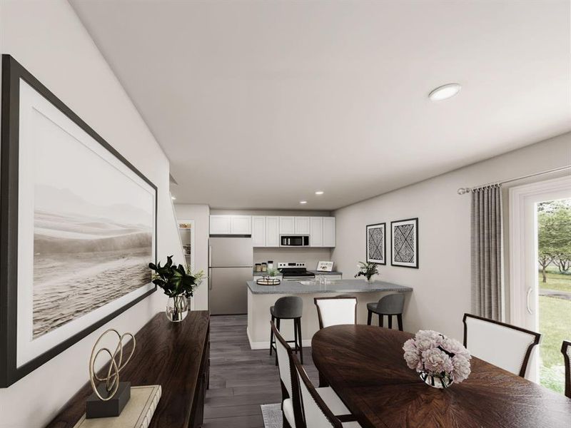 Dining area with recessed lighting and dark wood finished floors Dining area with recessed lighting and dark wood finished floors