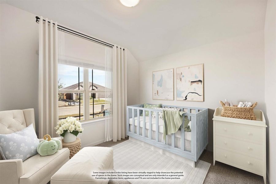 Nursery with light blue crib, white dresser, armchair, and large window with sheer curtains