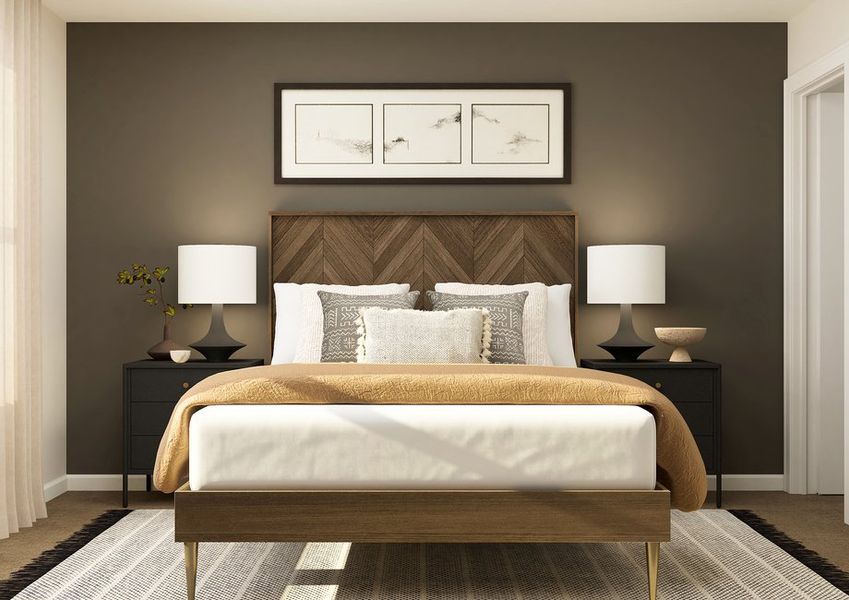 Rendering of a  master bedroom furnished with a large bed with a wooden bedframe. The bed is  in between two side tables.