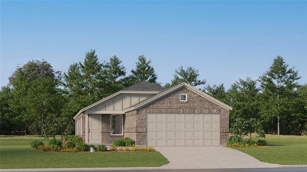 View of front facade featuring brick siding, a front yard, concrete driveway, and board and batten siding