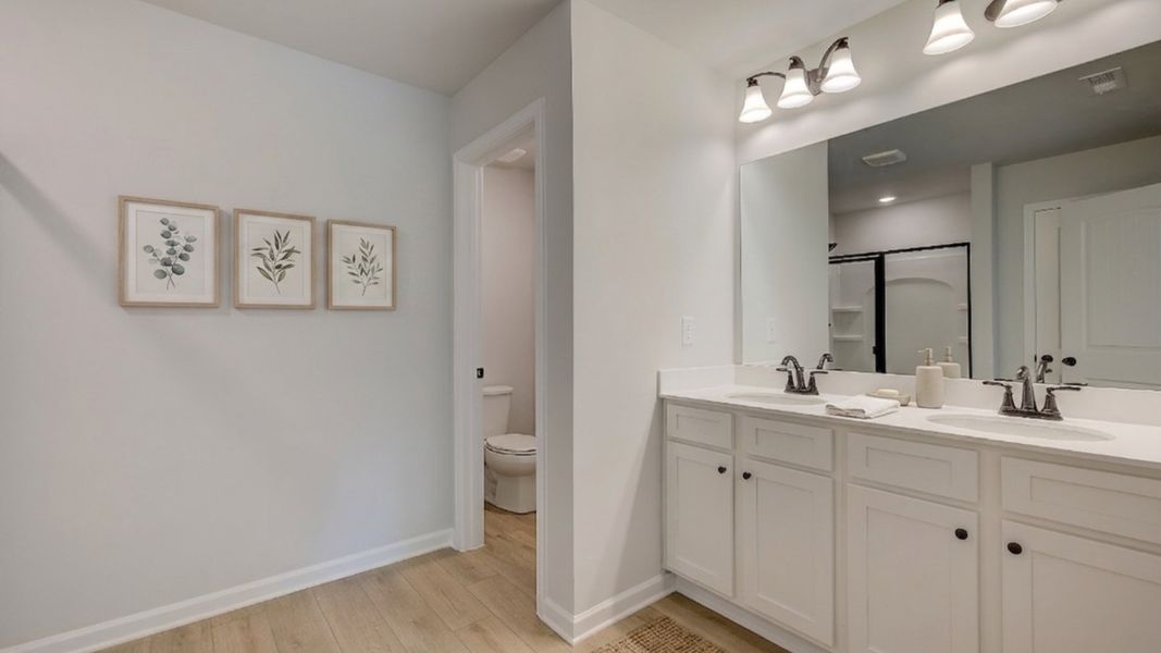 Bathroom with dual vanity and separate area for water closet