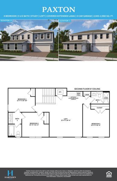 2D floor plan layout for the Paxton by Hartizen Homes in Eden Crest, Apopka, FL (Image 4).