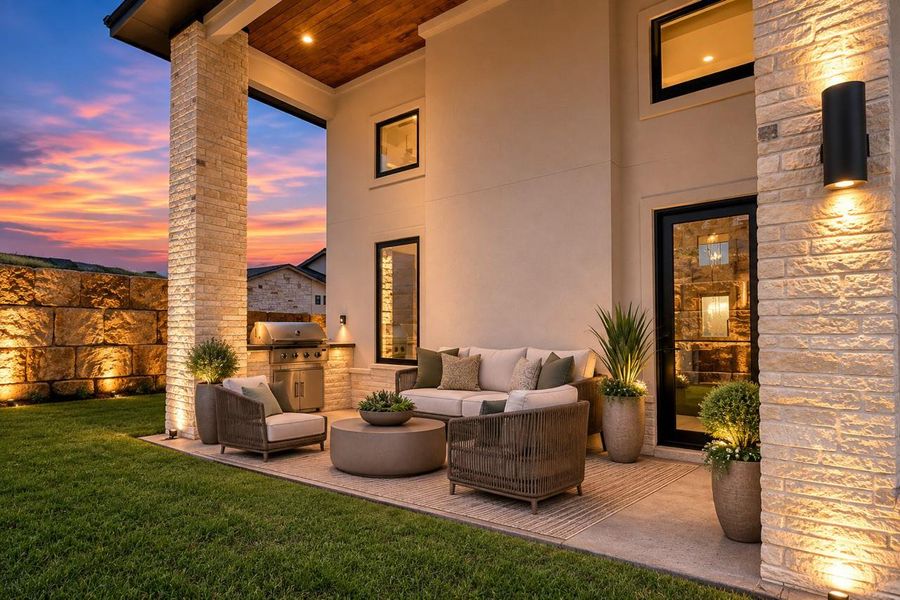 Stone pillars support a wood-paneled ceiling over this modern patio with a built-in outdoor kitchen. Stone pillars support a wood-paneled ceiling over this modern patio with a built-in outdoor kitchen.