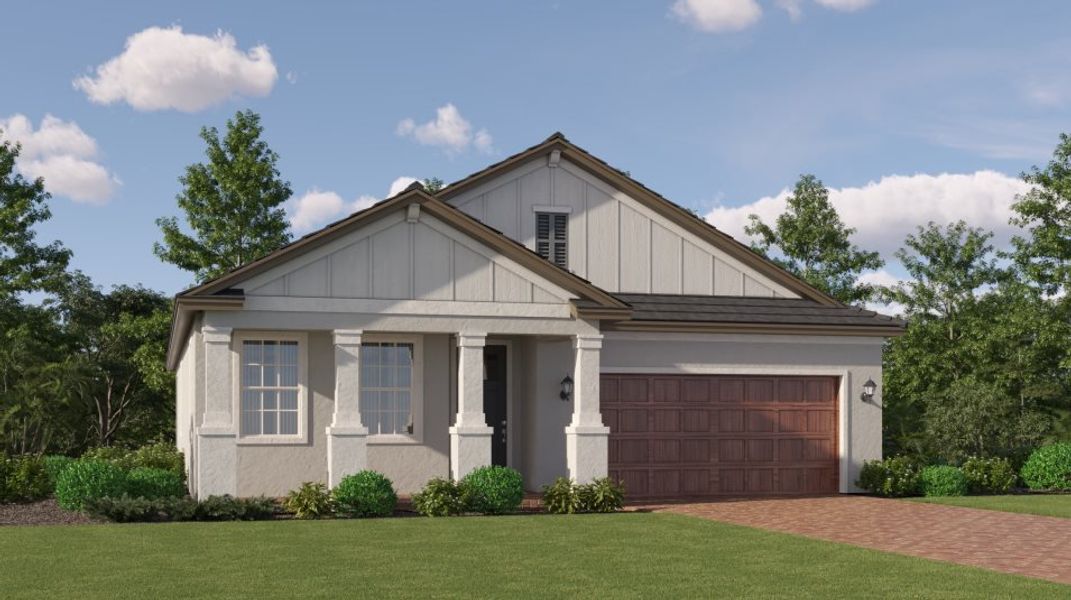 Front exterior of a new home in Angeline Active Adult, Land O' Lakes, FL, highlighting curb appeal (Image 1). Front exterior of a new home in Angeline Active Adult, Land O' Lakes, FL, highlighting curb appeal (Image 1).