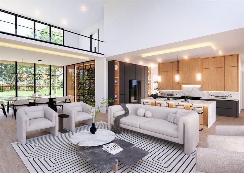 Living room with a high ceiling and light hardwood / wood-style floors