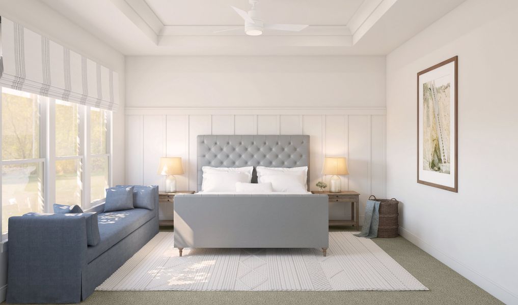 Primary suite with decorative feature wall and tray ceiling Primary suite with decorative feature wall and tray ceiling