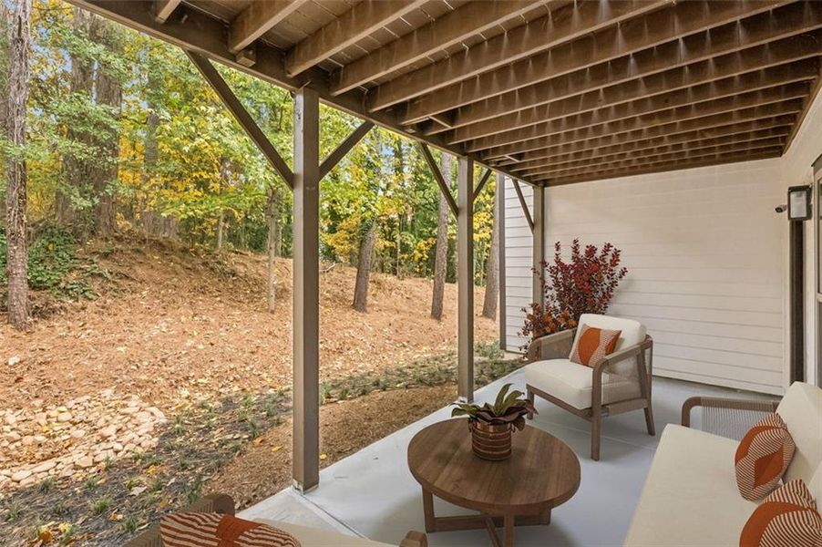 Exterior details and patio area of a home in Parkside at Mason Mill, Decatur (Image 21).