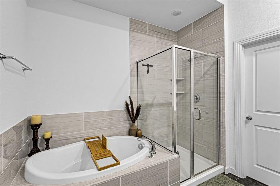 Bathroom with a bath and a stall shower