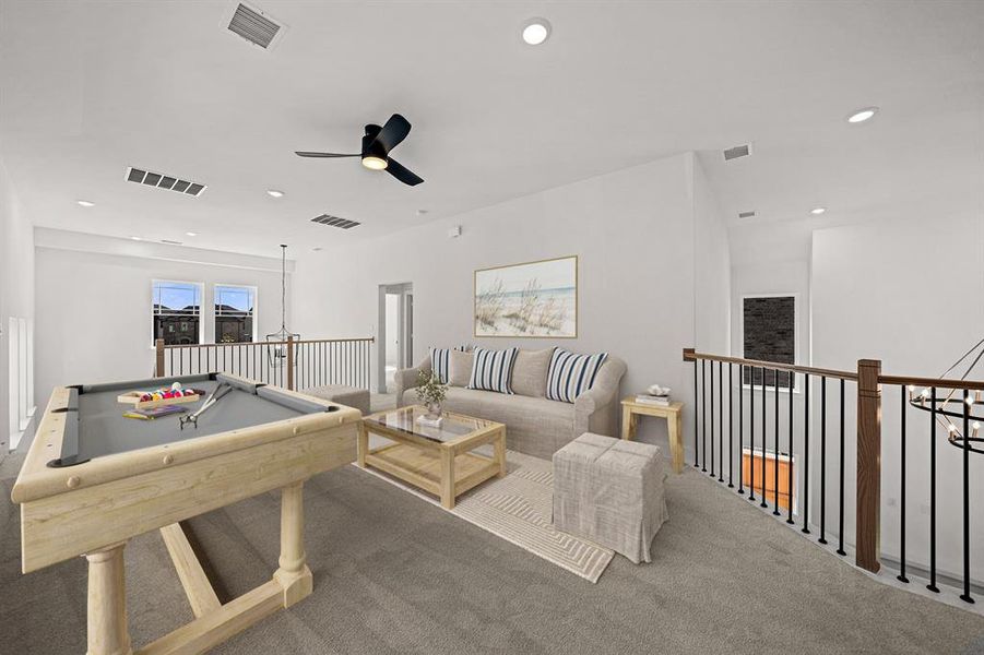 Game room with carpet floors, billiards, recessed lighting, and ceiling fan