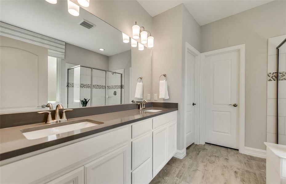 Owner's bathroom with dual vanity  *Photos of furnished model. Not actual home. Representative of floor plan. Some options and features may vary.