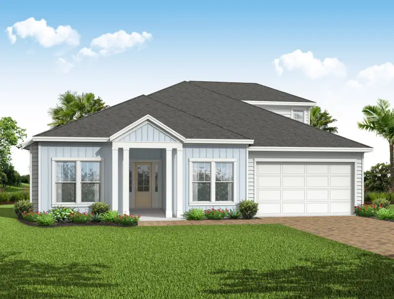 Representative exterior photo of a completed home built from the Creekside by Riverside Homes in Sagebrush at EverRange, Jacksonville, FL (Image 3). Representative exterior photo of a completed home built from the Creekside by Riverside Homes in Sagebrush at EverRange, Jacksonville, FL (Image 3).