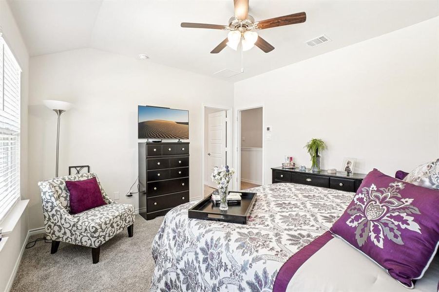 Carpeted bedroom featuring lofted ceiling and ceiling fan Carpeted bedroom featuring lofted ceiling and ceiling fan
