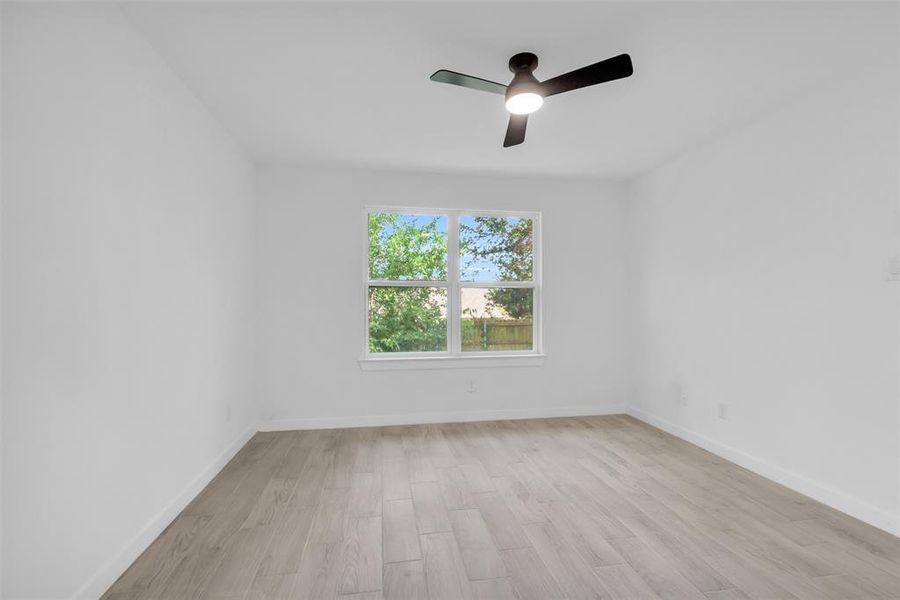 Unfurnished room with light wood-type flooring and a ceiling fan